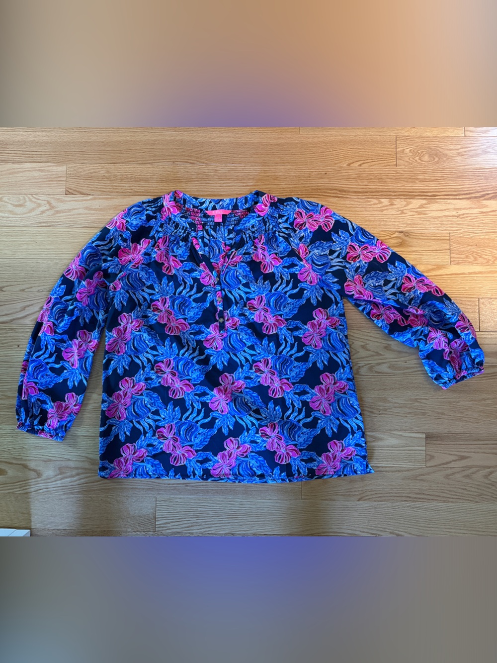 Women's Navy Floral Blouse with Pink and Blue Print